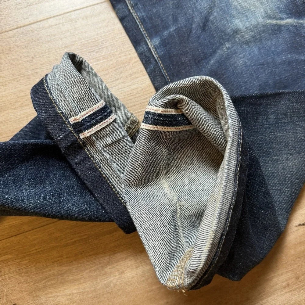 UNIQLO Selvedge Jeans Men 29x29 Blue Slim Fit Straight Leg Patchwork Unique Dark